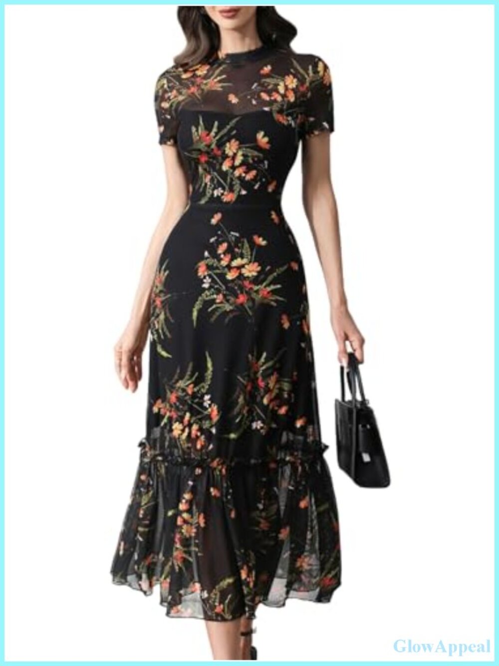 Women's Floral Mesh Ruffle A-Line Maxi Dress Wedding Guest